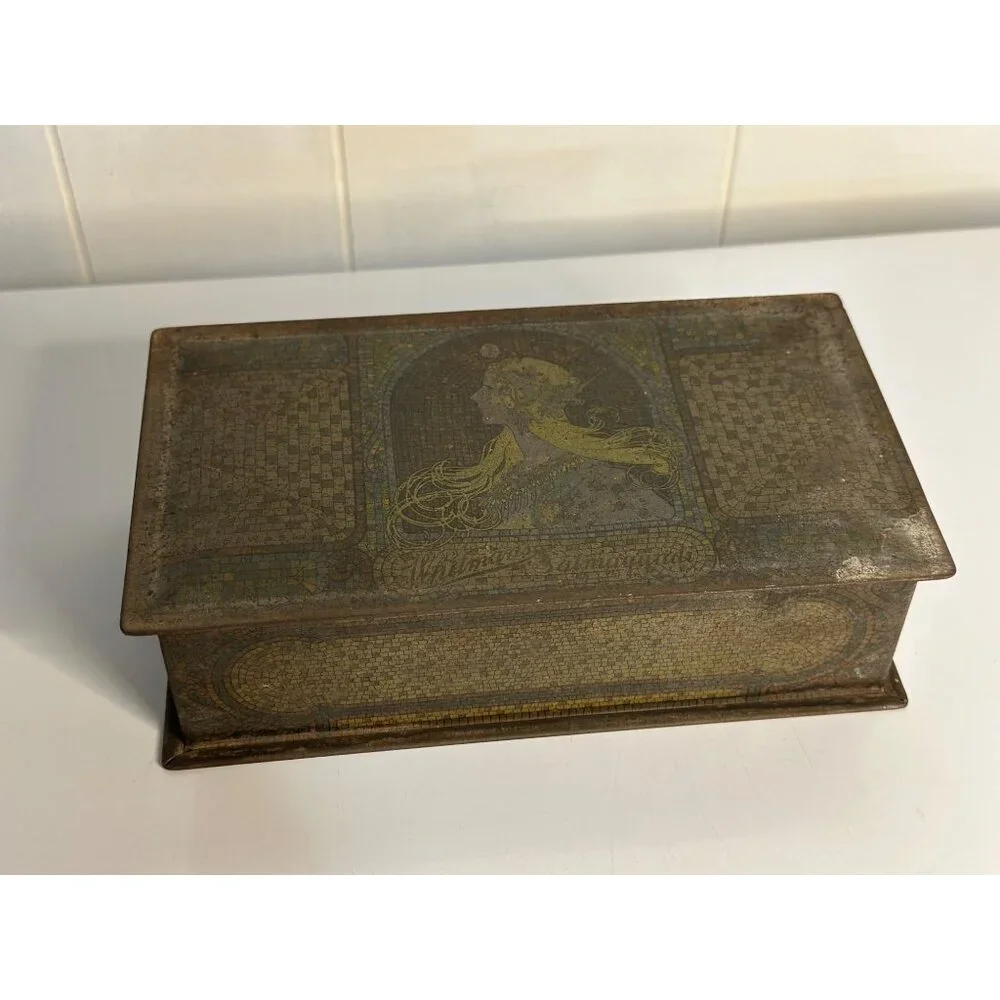 VTG Whitman's Salmagundi Candy Tin Mosaic Profile Antique Storage Box 4.5